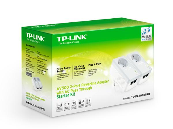 Адаптер Powerline TP-LINK TL-PA4020PKIT, 2*RJ45 LAN 100Мбит/с, 1*Powerline HomePlug AV 500Мбит/с, встроенная розетка, 2 устройства