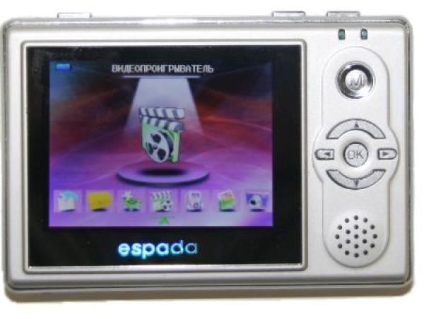 Плеер MP3/Видео Флэш Espada E-332, ЖК 2.5" 220*176 256K, 1024M, AMR/JPG/Mp3/TXT/WMA, SD, USB2.0, запись видео, камера 1.3Мпикс, FM радио, 90*60*15мм 74г, Li-Poly, серебристый