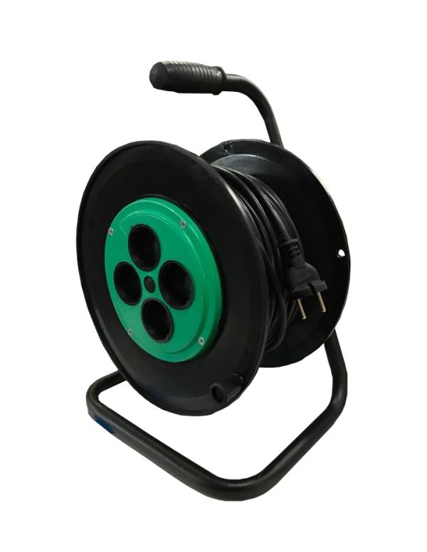 Удлинитель электропитания СТОС, 16м, катушка, 4 розетки, ПВС 2*0.75, 6А, черный-зеленый
