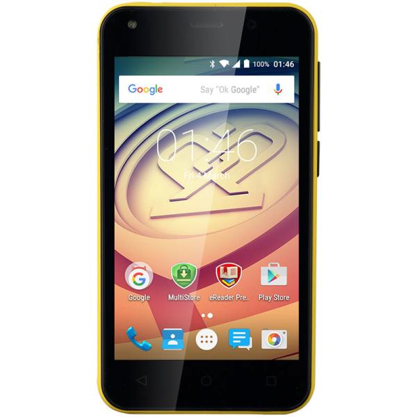 Смартфон 2*sim Prestigio Wize L3 (PSP3403DUO), 4*1.3ГГц, 4GB, 4" 800*480, SD-micro, GSM/3G, GPS, BT, WiFi, G-sensor, 2 камеры 5/0.3Мпикс, Android 5.1, 66*123*12мм 125г, желтый