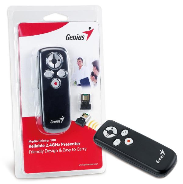 Мышь беспроводная для презентаций Genius Media Pointer 100, USB, 5 кнопок, FM 10м, 2*AAA, лазерная указка, функция ПДУ, черный