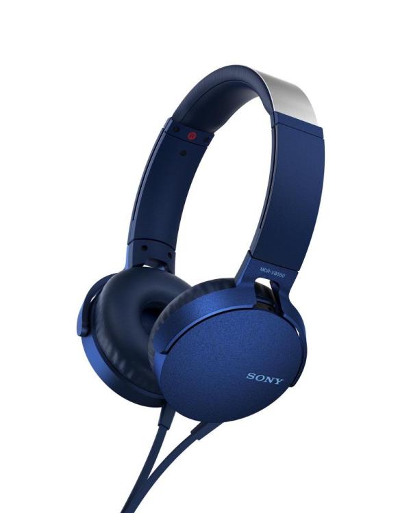 Наушники с микрофоном проводные дуговые закрытые Sony MDR-XB550AP, 30мм, 5..22000Гц, кабель 1.2м, MiniJack(4pin), позолоченные контакты, динамические, синий