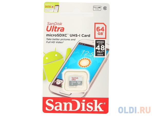 Карта памяти SDXC-micro  64GB SanDisk SDSQUNB-064G-GN3MN, 48/10МБ/сек, class 10 Ultra Android UHS-I