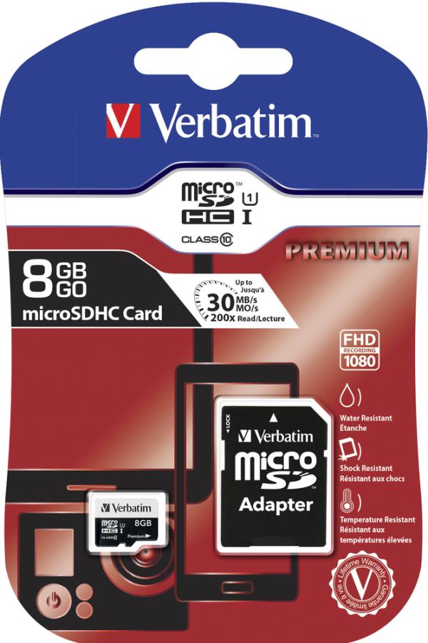 Карта памяти SDHC-micro (TransFlash)  8GB Verbatim 44081, class 10, с адаптером SD