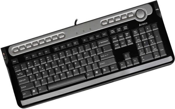 Клавиатура A4 Tech KX-5MU, PS/2, Multimedia 13 кнопок, Slim, USB2.0 hub 1*AF, выход на наушники, микрофонный вход, черный-серебристый