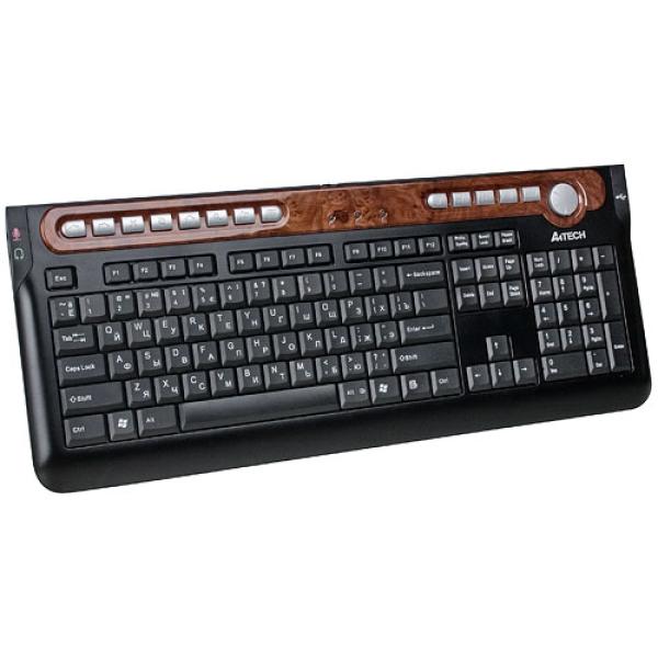 Клавиатура A4 Tech KX-6MU, PS/2, Multimedia 13 кнопок, Slim, USB2.0 hub 1*AF, выход на наушники, микрофонный вход, черный-дерево
