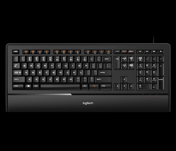 Клавиатура Logitech Illuminated Keyboard, USB, Multimedia 4 кнопки, подставка для запястий, Slim, подсветка 1 цвет, черный-серебристый, 920-001174