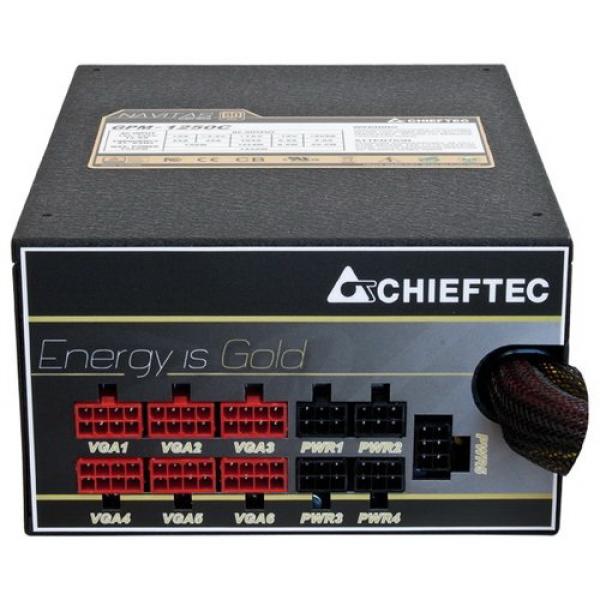 БП для корпуса ATX Chieftec GPM-1250C [Navitas], 1250Вт, 80 PLUS Gold, 20+4pin, 4+4pin(CPU)/6*6+2pin(PCI-E)/3*4pin(molex)/FD/12*SATA, 140*140мм, Active PFC