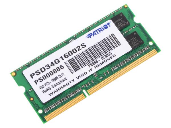 Оперативная память SO-DIMM DDR3  4GB, 1600МГц (PC12800) Patriot PSD34G16002S, 1.5В, retail