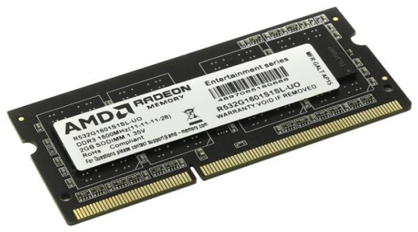 Оперативная память SO-DIMM DDR3  2GB, 1600МГц (PC12800) AMD R532G1601S1SL-UO, 1.35В