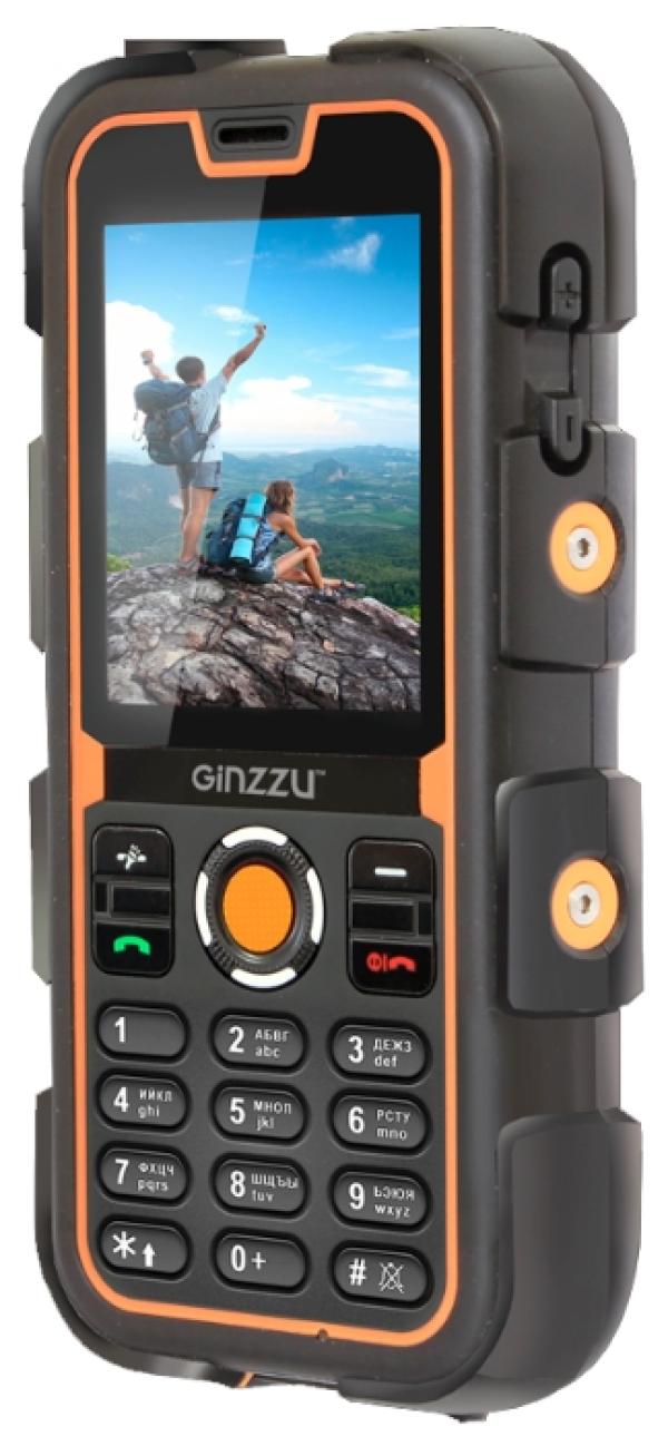 Мобильный телефон 2*SIM Ginzzu R2 Dual, GSM850/900/1800/1900, 2.2" 176*144, камера 1.3Мпикс, SDHC-micro, BT, диктофон,  MP3 плеер, пыле-влагозащищенный IP68, 52*122*22мм 140г, черный-оранжевый
