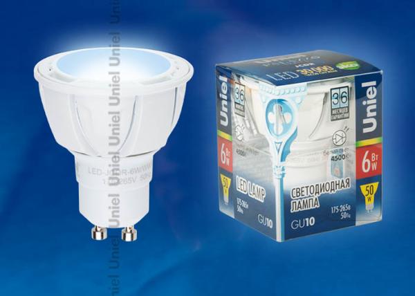 Лампа GU10 светодиодная белая Uniel LED-JCDR 6W/NW/GU10/FR PLP01WH, 6/50Вт, белый, 4500К, 220В, 500Лм, 30000ч, прозрачный, 50/58мм