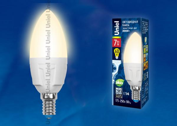 Лампа E14 светодиодная белая Uniel LED-C37 7W/WW/E14/FR PLP01WH, 7/60Вт, теплый белый, 3000К, 175..250В, 600Лм, 30000ч, свеча
