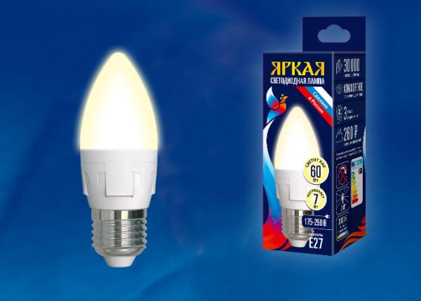 Лампа E27 светодиодная белая Uniel LED-C37 7W/WW/E27/FR PLP01WH, 7/60Вт, теплый белый, 3000К, 175..250В, 600Лм, 30000ч, свеча