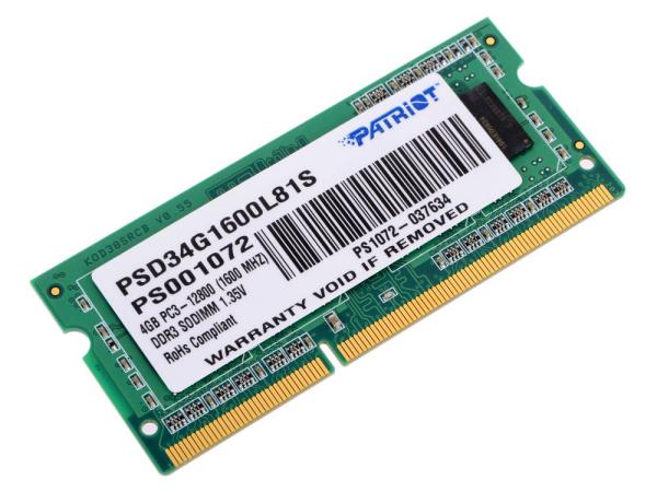 Оперативная память SO-DIMM DDR3  4GB, 1600МГц (PC12800) Patriot PSD34G1600L81S, 1.35В