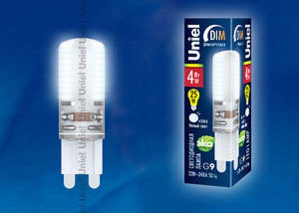 Лампа G9 светодиодная Uniel LED-JCD-6W/NW/G9/CL SIZ03TR, 4/25Вт, белый, 4500K, 250Лм, 220В, 30000ч, силиконовый корпус, капсула, 50мм