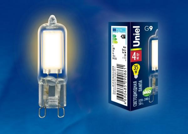 Лампа G9 светодиодная Uniel LED-JCD-4W/WW/G9/CL GLZ01TR, 4/35Вт, теплый белый, 3000K, 280Лм, 220В, 30000ч, прозрачный, капсула, 48мм