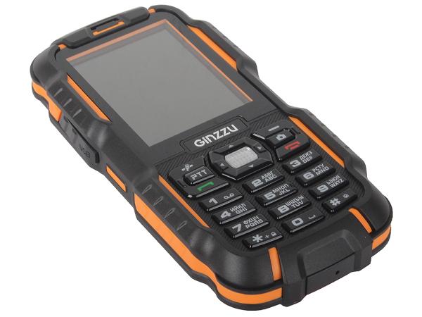 Мобильный телефон 2*SIM Ginzzu R6 Dual, GSM850/900/1800/1900, 2.4" 320*240, 2Мпикс, SDHC-micro, BT, WAP, MP3 плеер, пыле-водонепроницаемый IP67, Walkie-Talkie, 58*129*22мм 161г, черный-оранжевый