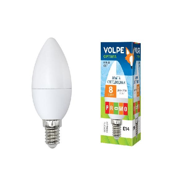 Лампа E14 светодиодная белая Volpe LED-C37-8W/NW/E14/FR/O, 8Вт, белый, 4000К, 200..250В, 650Лм, 25000ч, свеча