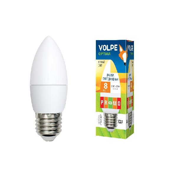 Лампа E27 светодиодная белая Volpe Optima LED-C37-8W/WW/E27/FR/O, 8/60Вт, теплый белый, 3000K, 200..250В, 600Лм, 25000ч, свеча, матовый, 37/100мм