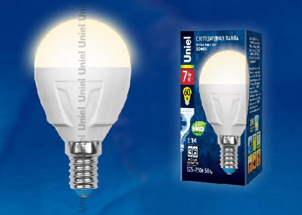 Лампа E14 светодиодная белая Volpe LED-G45 7W/WW/E14/FR PLP01WH, 7/60Вт, теплый белый, 3000K, 175..250В, 600Лм, 30000ч, шар, матовый, 45/84мм????