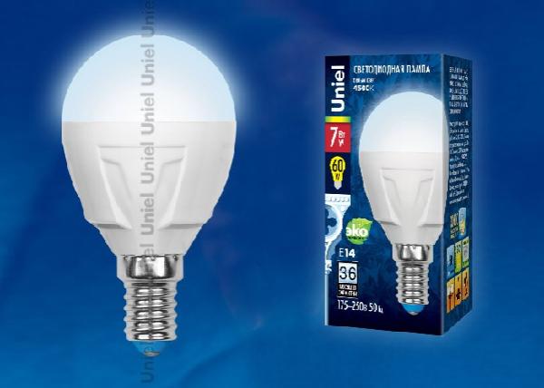 Лампа E14 светодиодная белая Volpe LED-G45 7W/NW/E14/FR PLP01WH, 7/60Вт, белый, 4000K, 175..250В, 600Лм, 30000ч, шар, матовый, 45/84мм????