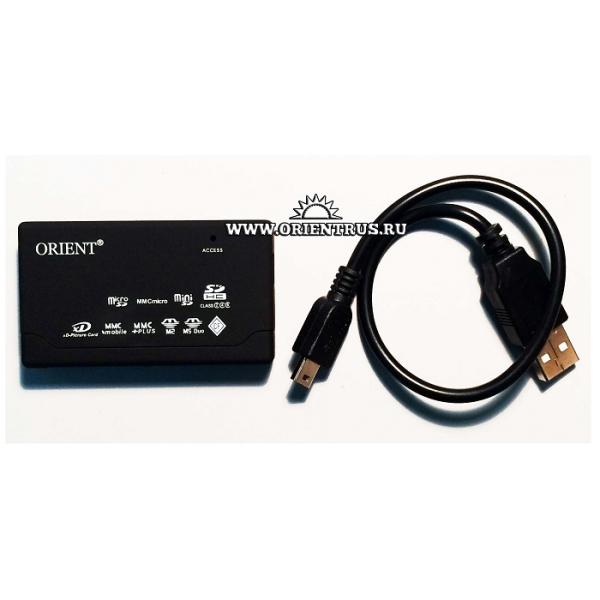 Считыватель внешний Orient CR-02BR, CF/MD/MMC/MMC Mobile/MMC Plus/MS/MS micro/MS Pro/MS Pro Duo/SD/SDHC/SDXC/SD-micro/SDHC-micro/xD, USB2.0, черный, прорезиненный