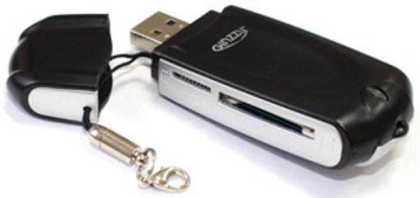 Считыватель компактный Ginzzu GR-312B, MMC/MMC plus/SD/SDHC/SDXC/SDHC-micro/TF, USB3.0, черный-серебристый