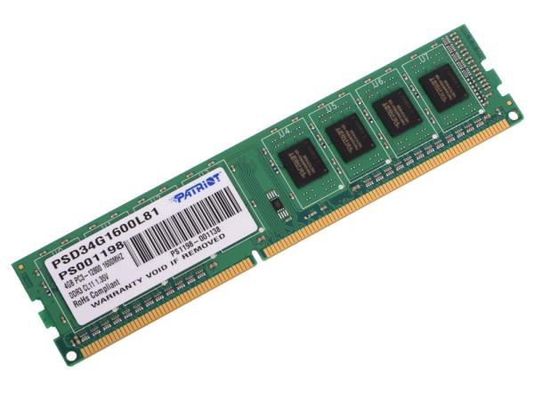 Оперативная память DIMM DDR3  4GB, 1600МГц (PC12800) Patriot PSD34G1600L81, 1.35В