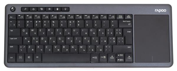 Клавиатура беспроводная Rapoo K2600, USB, FM 10м, Multimedia 7 кнопок, TouchPad, 2*AA, влагозащищенная, компактная, черный