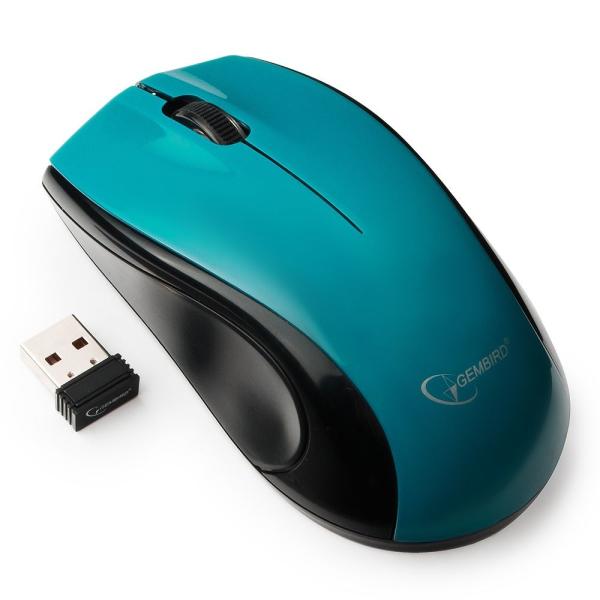 Мышь беспроводная оптическая Gembird MUSW-320-B, USB, 4 кнопки, колесо, FM 10м, 1000dpi, 1*AA, для ноутбука, голубой-черный