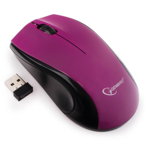 Мышь беспроводная оптическая Gembird MUSW-320-P, USB, 4 кнопки, колесо, FM 10м, 1000dpi, 1*AA, для ноутбука, фиолетовый-черный