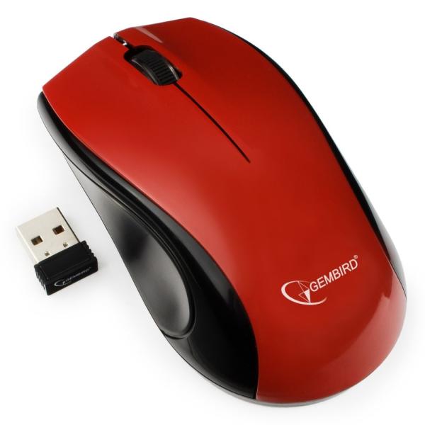 Мышь беспроводная оптическая Gembird MUSW-320-R, USB, 4 кнопки, колесо, FM 10м, 1000dpi, 1*AA, для ноутбука, красный-черный