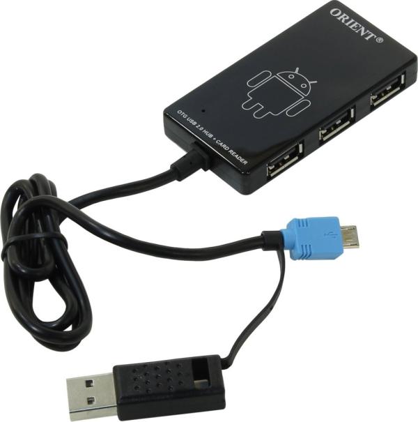 Разветвитель USB2.0  3*AF Orient MI-363, пассивный, OTG, microSD/SD, пластик, черный