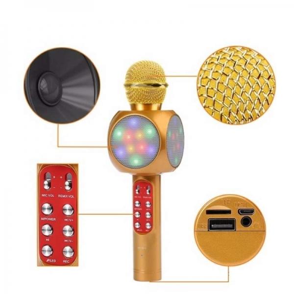 Микрофон караоке беспроводной WS1816 Bronze, 5Вт, 100..10000Гц, Bluetooth 4.0/FM, MiniJack/MicroUSB/USB/MicroSD, Led подсветка/эффекты/запись, Li-ion/1800мАч/5ч, бронза