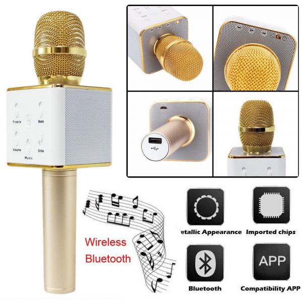 Микрофон караоке беспроводной Q7 Gold, 2*3Вт, 100..10000Гц, Bluetooth 4.1, MiniJack/MicroUSB/USB, эффекты, Li-ion/2200мАч/5ч, золото