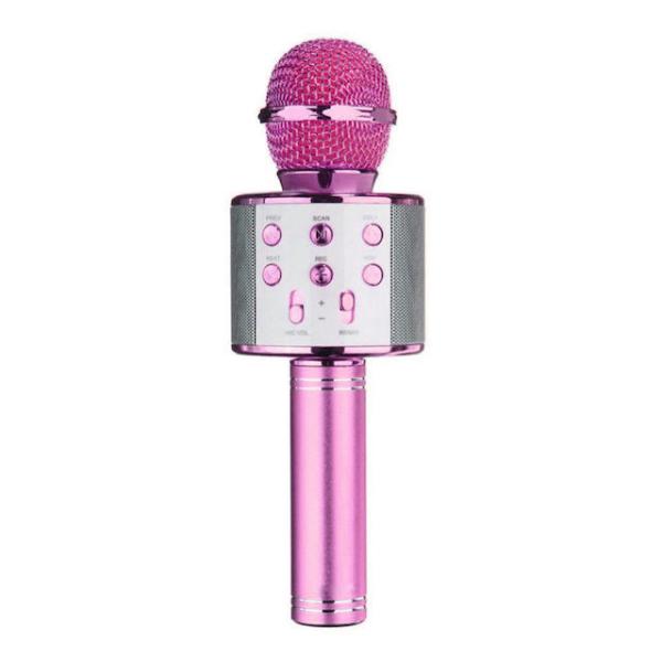 Микрофон караоке беспроводной WS-858 Розовый, 100..10000Гц, Bluetooth 3.0, MiniJack/USB/MicroSD, эффекты/запись, Li-ion/1000мАч/5ч, розовый
