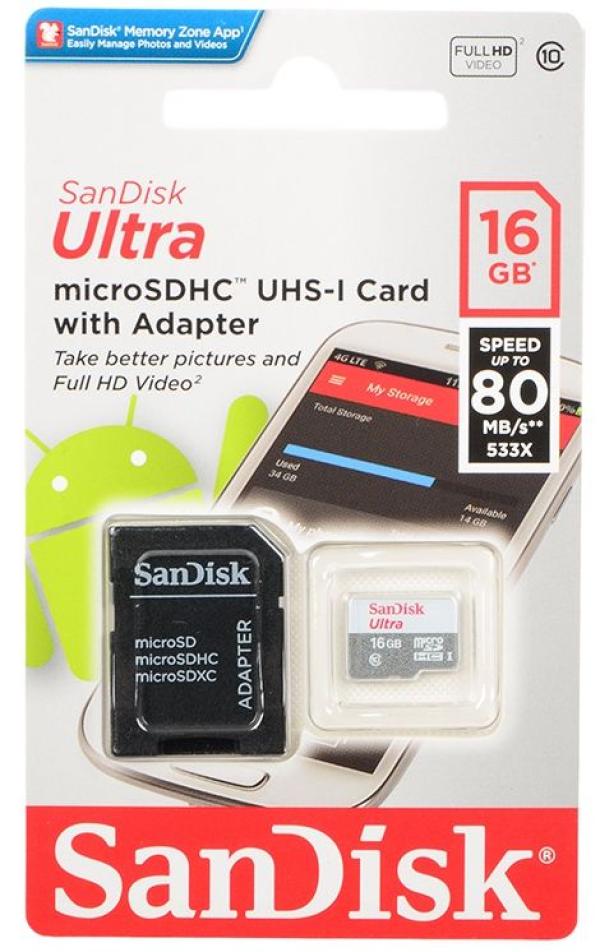 Карта памяти SDHC-micro (TransFlash) 16GB SanDisk Ultra  SDSQUNS-016G-GN3MA, 80/10МБ/сек, class 10, с адаптером SD