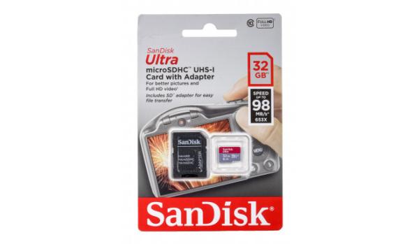 Карта памяти SDHC-micro (TransFlash) 32GB SanDisk SDSQUAR-032G-GN6IA, 98/10МБ/сек, class 10, UHS-I A1, с адаптером SD