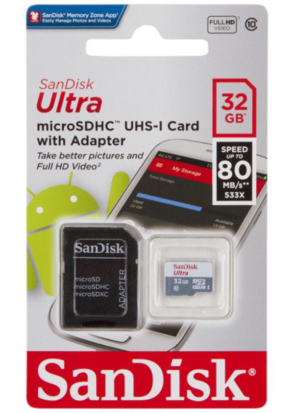 Карта памяти SDHC-micro (TransFlash) 32GB SanDisk Ultra  SDSQUNS-032G-GN3MA, 80/10МБ/сек, class 10, с адаптером SD