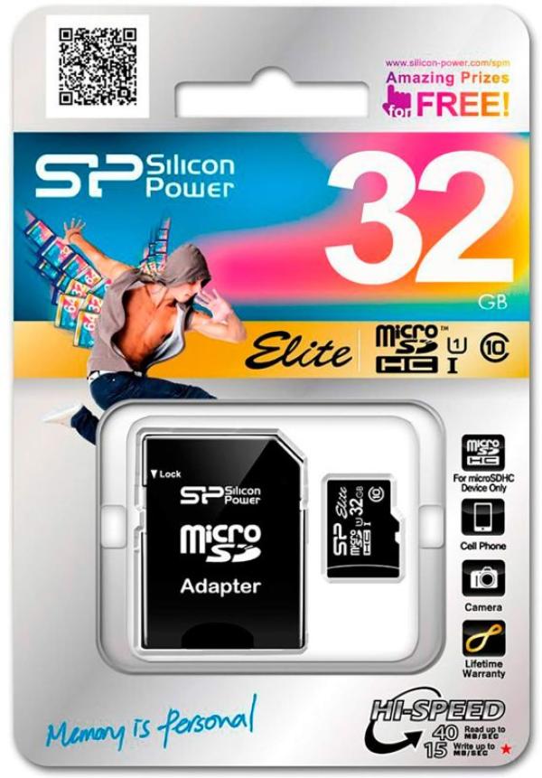 Карта памяти SDHC-micro (TransFlash) 32GB Silicon Power SP032GBSTHBU1V10SP, 40/15МБ/сек class 10,  UHS-I, с адаптером SD