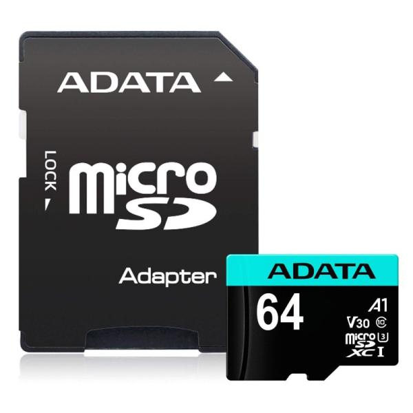 Карта памяти SDXC-micro  64GB A-Data Premier Pro AUSDX64GUI3V30SA1-RA1, 100/60МБ/сек, class 10 Ultra, UHS-I U3 V30S A1, с адаптером SD