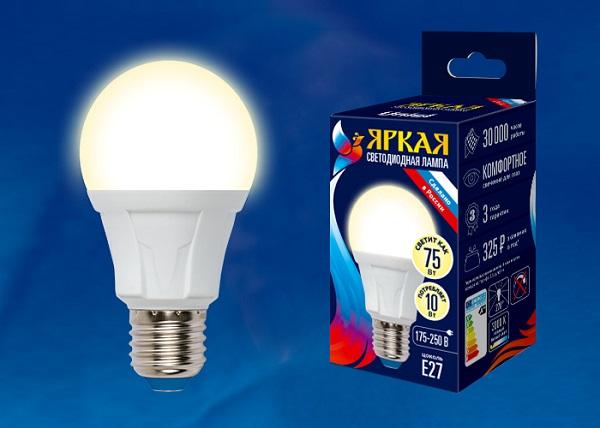 Лампа E27 светодиодная белая Uniel LED-A60-10W/WW/E27/FR PLP01WH, 10/75Вт, теплый белый, 3000K, 175..250В, 850Лм, 30000ч, груша, белый