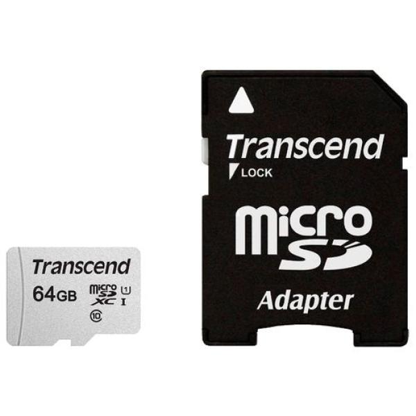 Карта памяти SDXC-micro  64GB Transcend TS64GUSD300S-A TLC, 95/45МБ/сек, class 10 Ultra, UHS-I A1, с адаптером SD