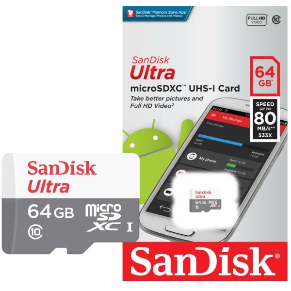 Карта памяти SDXC-micro  64GB SanDisk Ultra SDSQUNS-064G-GN3MN, 80МБ/сек, class 10, без адаптера SD