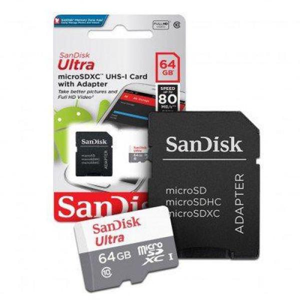 Карта памяти SDXC-micro  64GB SanDisk Ultra SDSQUNS-064G-GN3MA, 80МБ/сек, class 10, с адаптером SD