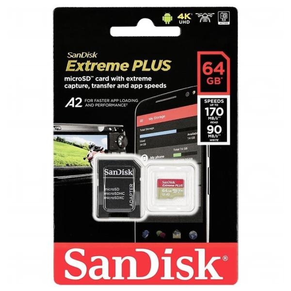 Карта памяти SDXC-micro  64GB SanDisk Extreme Plus SDSQXBZ-064G-GN6MA, 170/90МБ/сек, class 10, UHS-I A2 C10 V30 U3, с адаптером SD