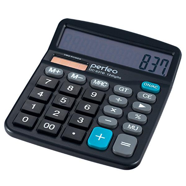 Калькулятор настольный Perfeo PF_3286 (DC-837B), 12 разрядов, двойное питание, черный