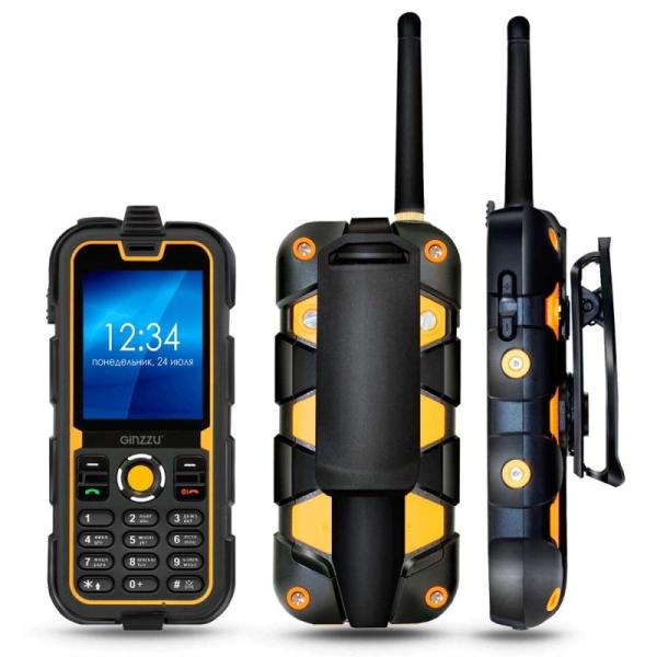 Мобильный телефон 2*SIM Ginzzu R62, GSM850/900/1800/1900, 2.2" 176*144, камера 1.3Мпикс, SDHC-micro, запись видео, MP3, пыле-водонепроницаемый IP68, Walkie-Talkie, 52*122*22мм, черный-оранжевый