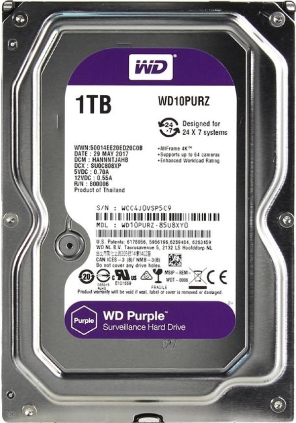 Жесткий диск 3.5" SATA   1TB WD Purple WD10PURZ, SATAIII, 5400rpm, 64MB cache